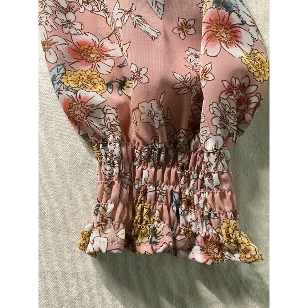 Astrologie Pink Floral Peasant Blouse XL Button Front Smocked Cuff Ruffle Neck - Picture 3 of 5